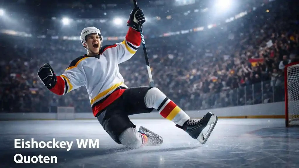 Eishockeyspieler feiert ein Tor auf dem Eis während eines WM-Spiels mit Stadionpublikum im Hintergrund