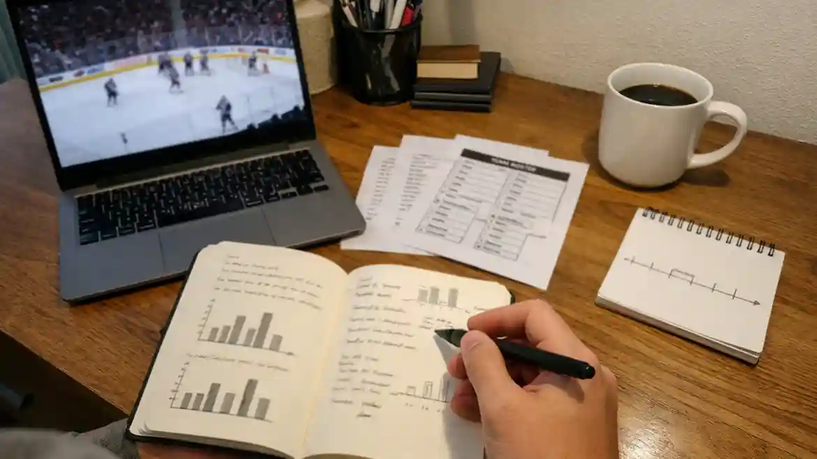 Person analysiert Eishockey-Statistiken in einem Notizbuch – Strategien für WM-Wetten