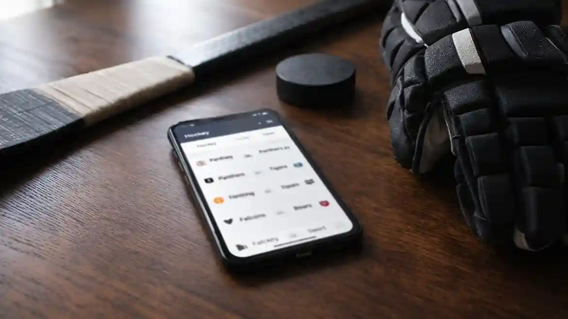 Smartphone mit Sportwetten-Plattform neben Eishockey-Ausrüstung – Wettanbieter-Vergleich