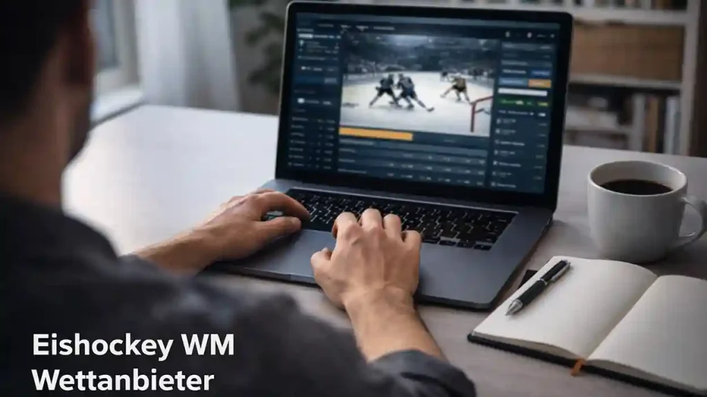 Person vergleicht Eishockey-WM-Quoten auf einem Laptop neben einem Notizblock mit Stift auf einem Schreibtisch