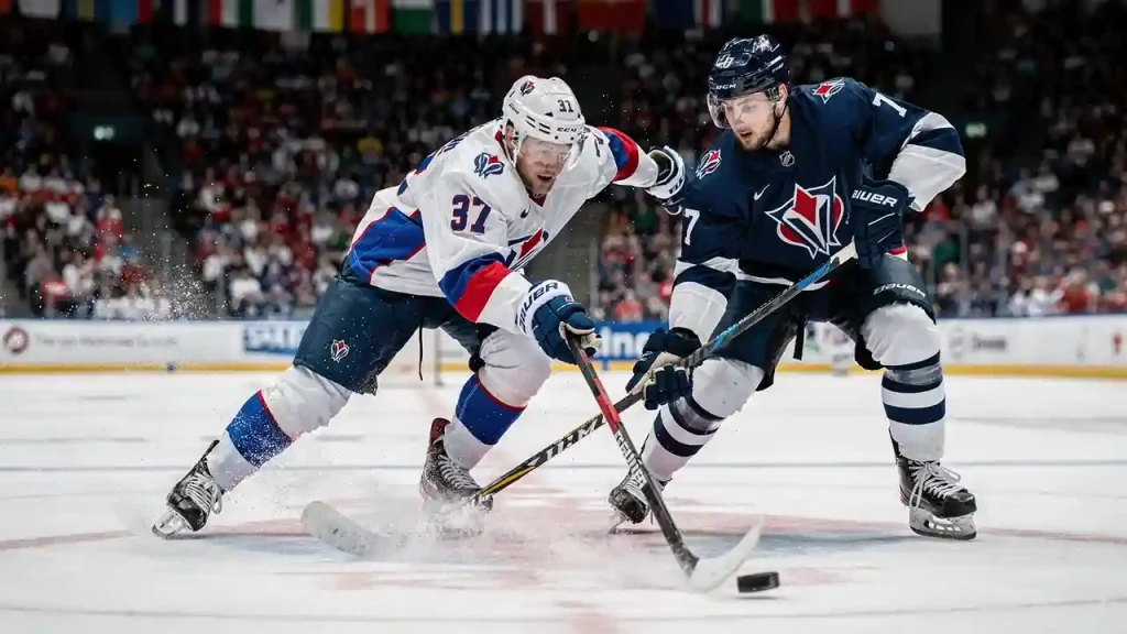 Eishockeyspieler im Zweikampf auf dem Eis vor einer vollen Arena bei der Eishockey-Weltmeisterschaft
