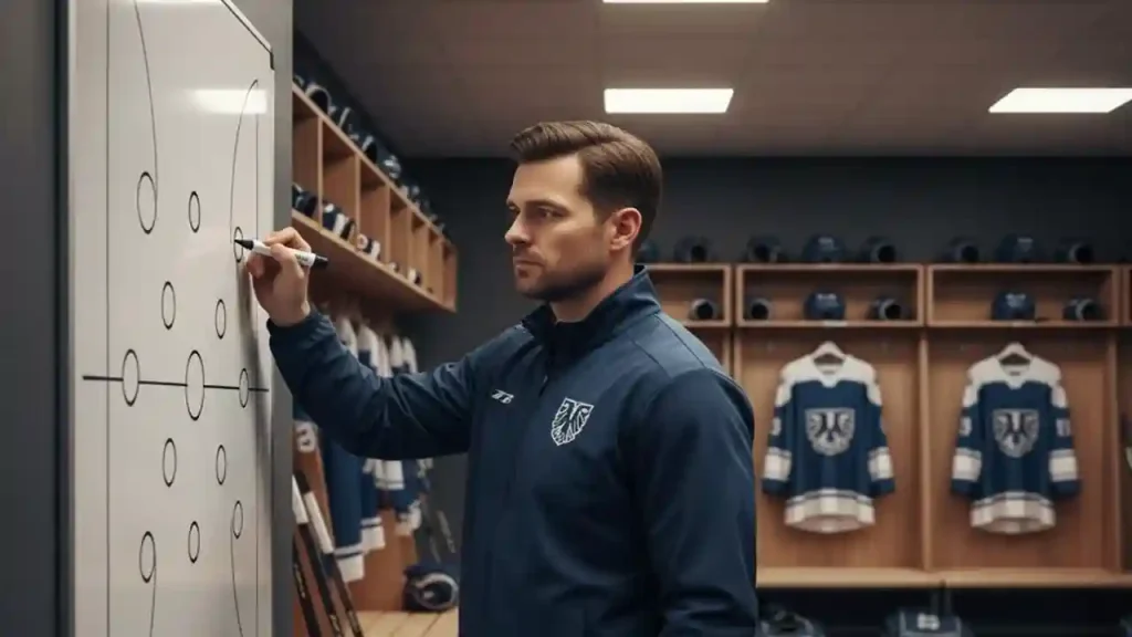 Eishockey-Trainer analysiert die Taktik am Whiteboard in der Kabine vor einem WM-Spiel